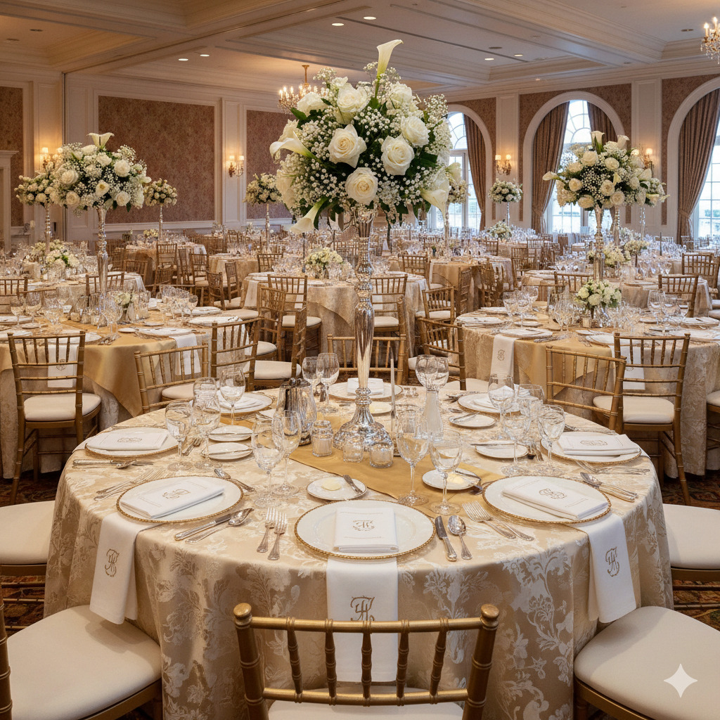 Round banquet tables with premium linens
